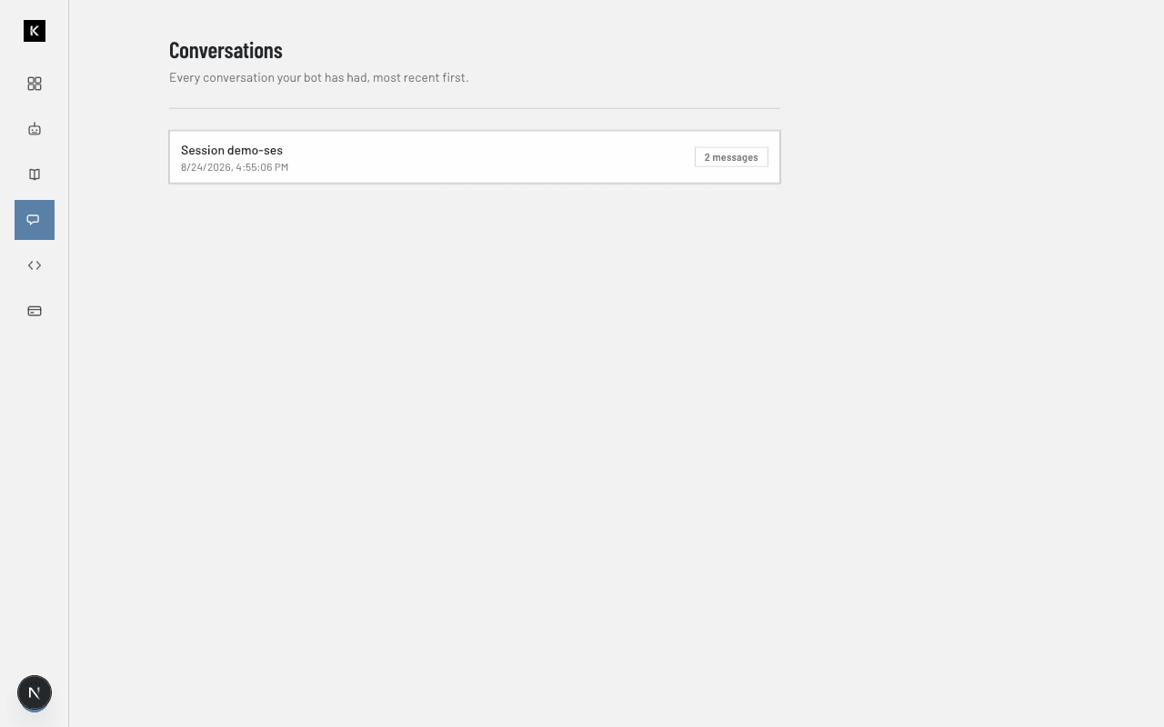 Conversations page listing a session with 2 messages