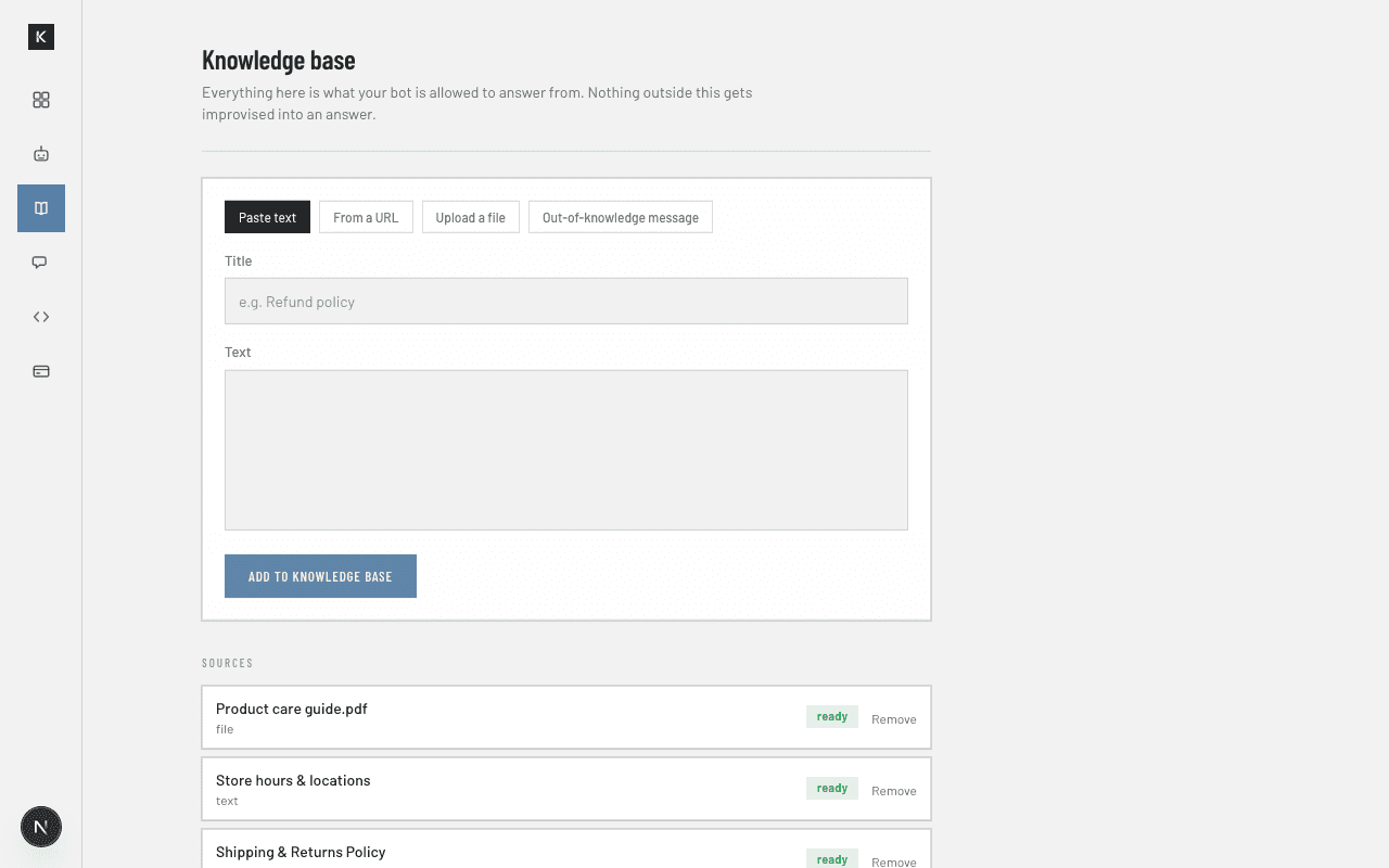 Knowledge base page with Paste text, From a URL, Upload a file, and Out-of-knowledge message tabs