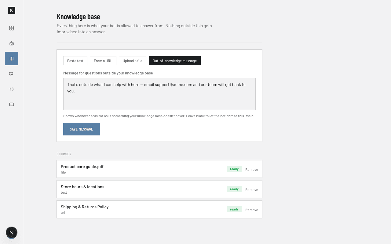 Out-of-knowledge message tab with a custom fallback message and saved knowledge sources listed below