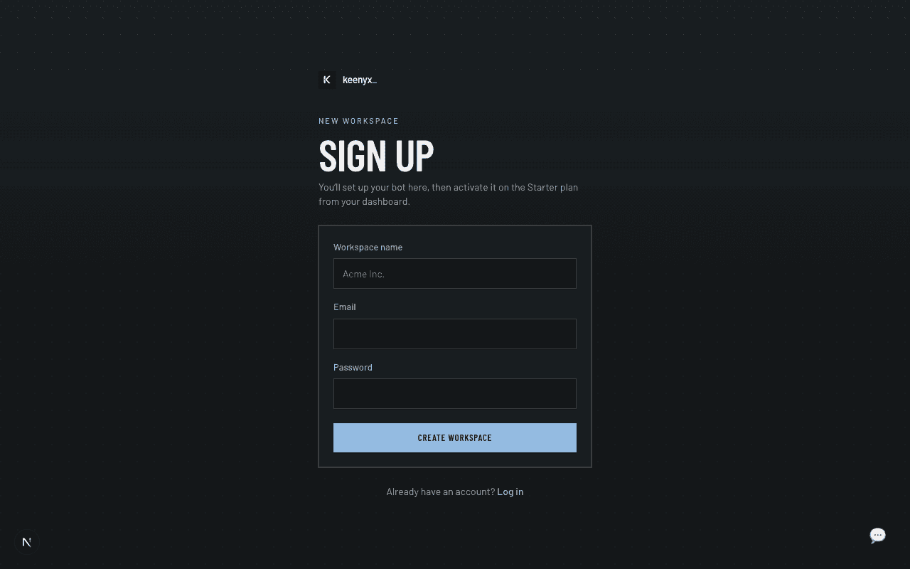 Keenyx sign up form with workspace name, email, and password fields